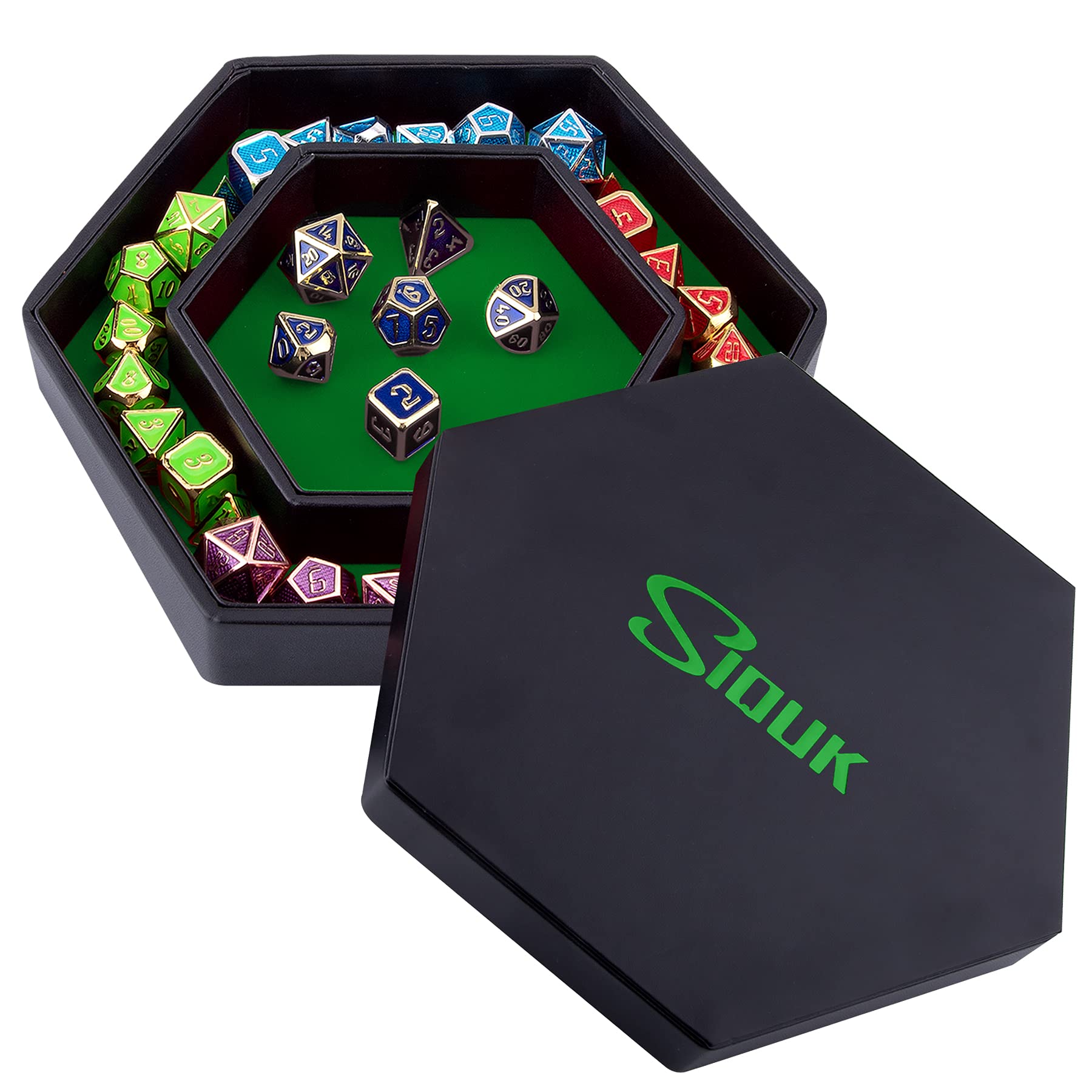 SIQUK Hexagon Dice Tray with Lid - Green Velvet and Black PU Leather for RPG, DND, Table Games