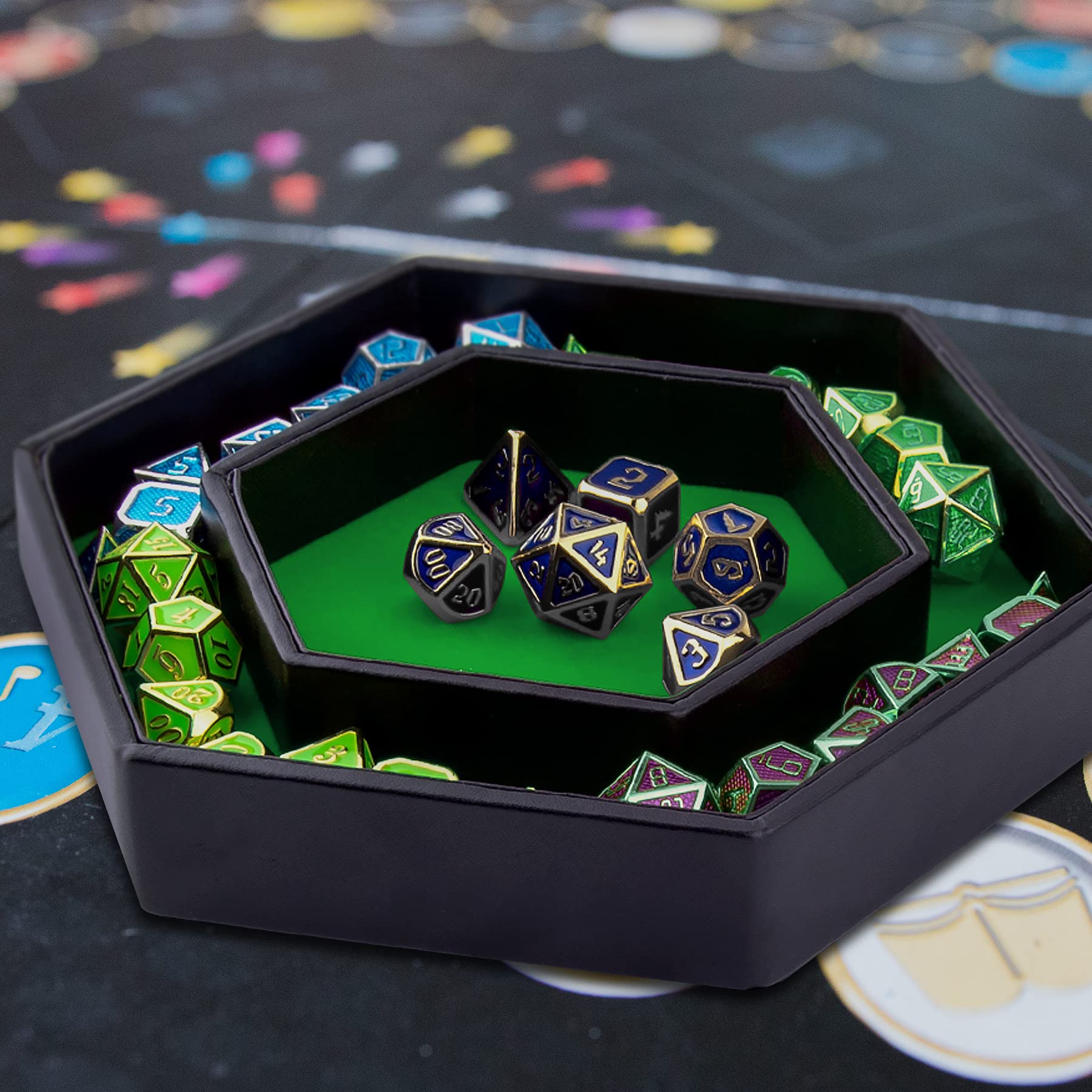 SIQUK Hexagon Dice Tray with Lid - Green Velvet and Black PU Leather for RPG, DND, Table Games