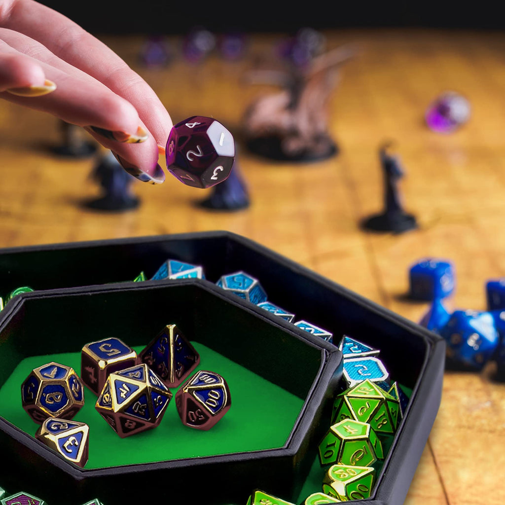 SIQUK Hexagon Dice Tray with Lid - Green Velvet and Black PU Leather for RPG, DND, Table Games