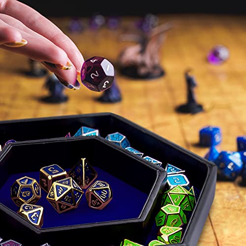 SIQUK Hexagon Dice Tray with Lid – Blue Velvet Rolling Tray for D&D and RPG Games