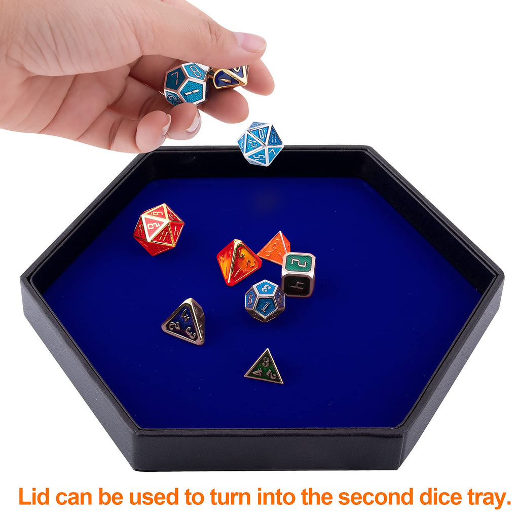 SIQUK Hexagon Dice Tray with Lid – Blue Velvet Rolling Tray for D&D and RPG Games