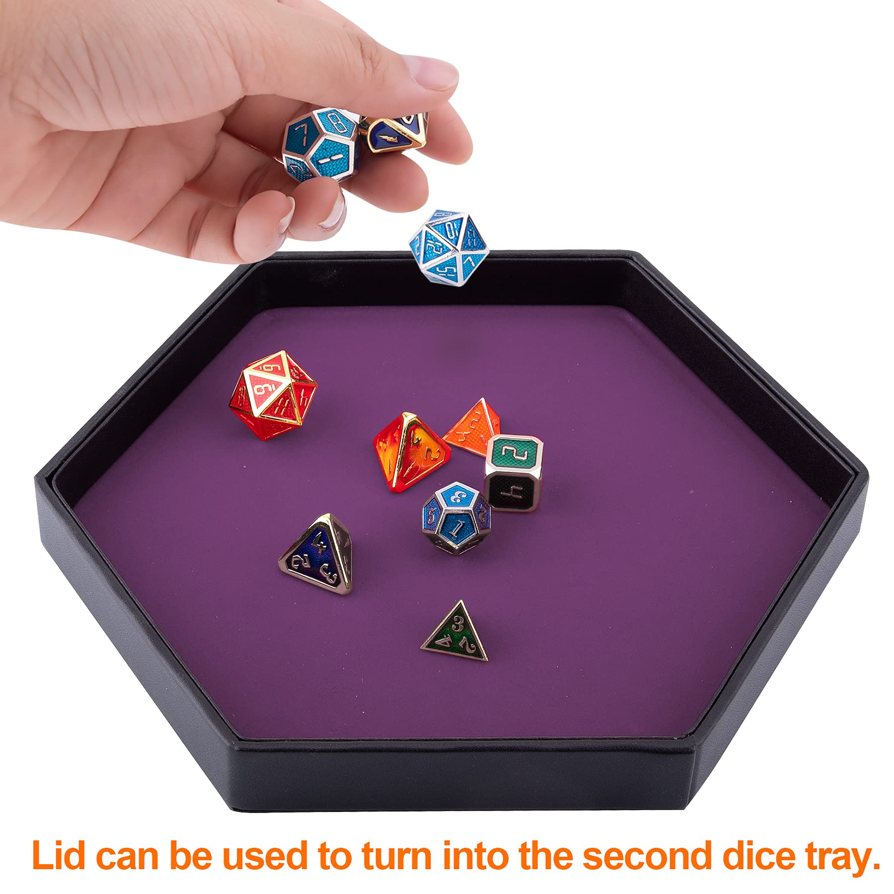 SIQUK Hexagon Dice Tray with Lid – Purple Velvet and PU Leather Rolling Tray for DND and RPG Games