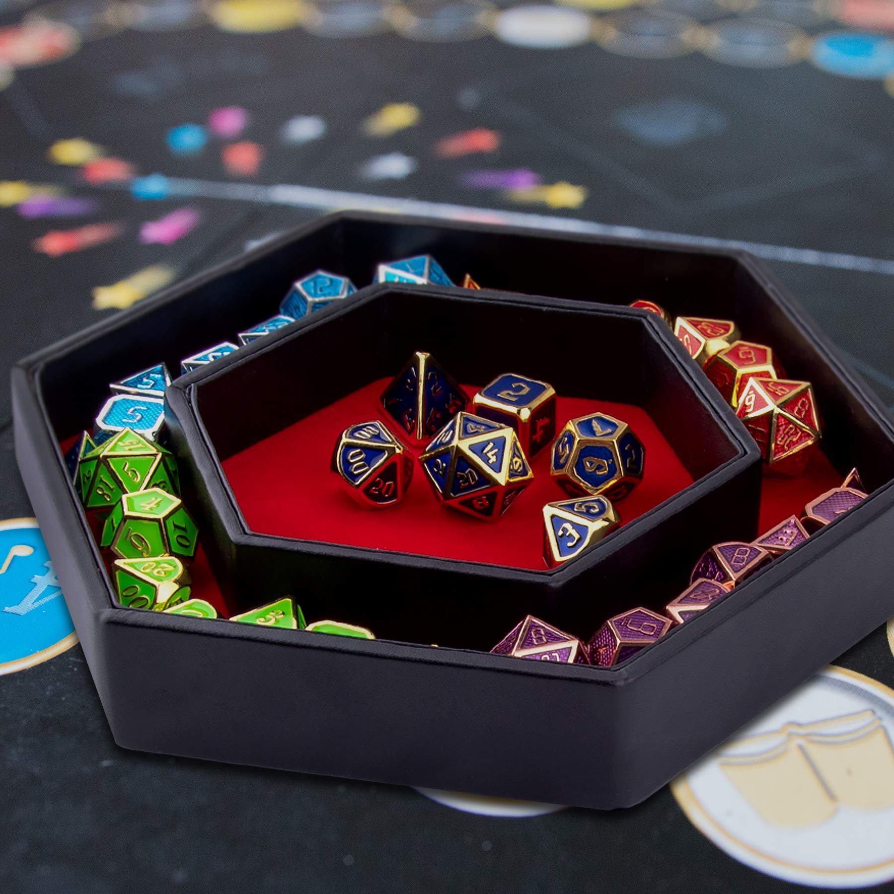 SIQUK Hexagon Dice Tray with Lid – Red Velvet & PU Leather, Holds 28 Dice, for DND RPG