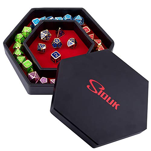 SIQUK Hexagon Dice Tray with Lid – Red Velvet & PU Leather, Holds 28 Dice, for DND RPG