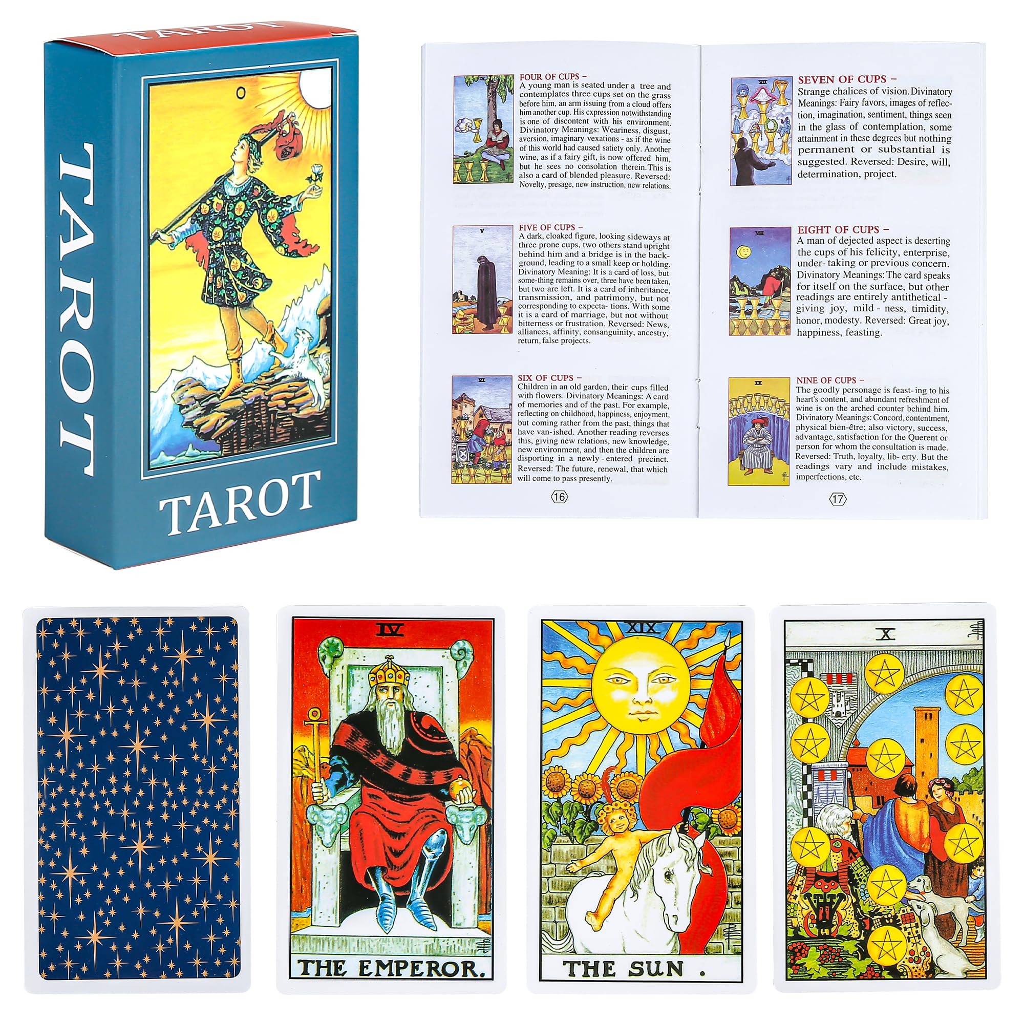 SirShop 78 Classic Tarot Deck with Guide Book – Star Back Design, Fortune Telling Cards for Beginners & Family