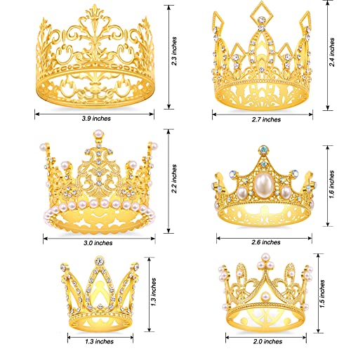 SisBroo Gold Crown Cake Toppers Set of 6 - Metal Mini Crowns for Cakes, Hair, and Party Decor