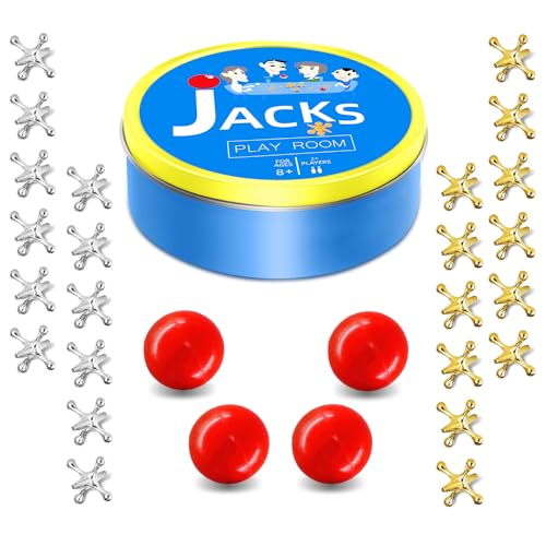 Sisland Metal Jacks Game Set – 24 Classic Jacks & 4 Balls in Metal Storage Box
