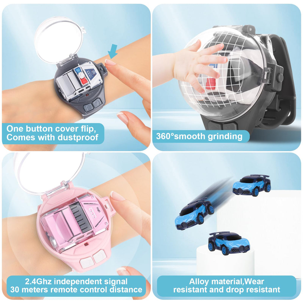SitertCF Mini Remote Control Car Watch Toy – Blue 2.4GHz Race Car with LED Lights, USB Charging, Wrist Controller for Kids