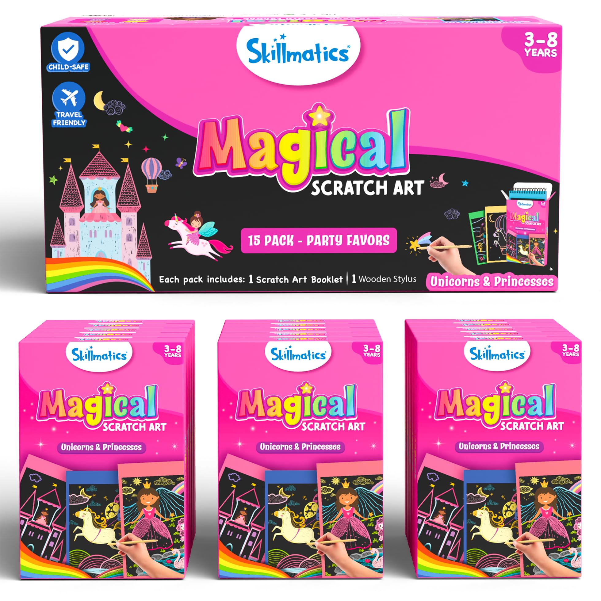 Skillmatics 15-Pack Scratch Art Party Favors: Unicorn & Princess Designs for Kids Ages 3-8