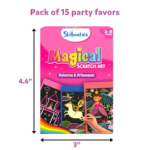 Skillmatics 15-Pack Scratch Art Party Favors: Unicorn & Princess Designs for Kids Ages 3-8