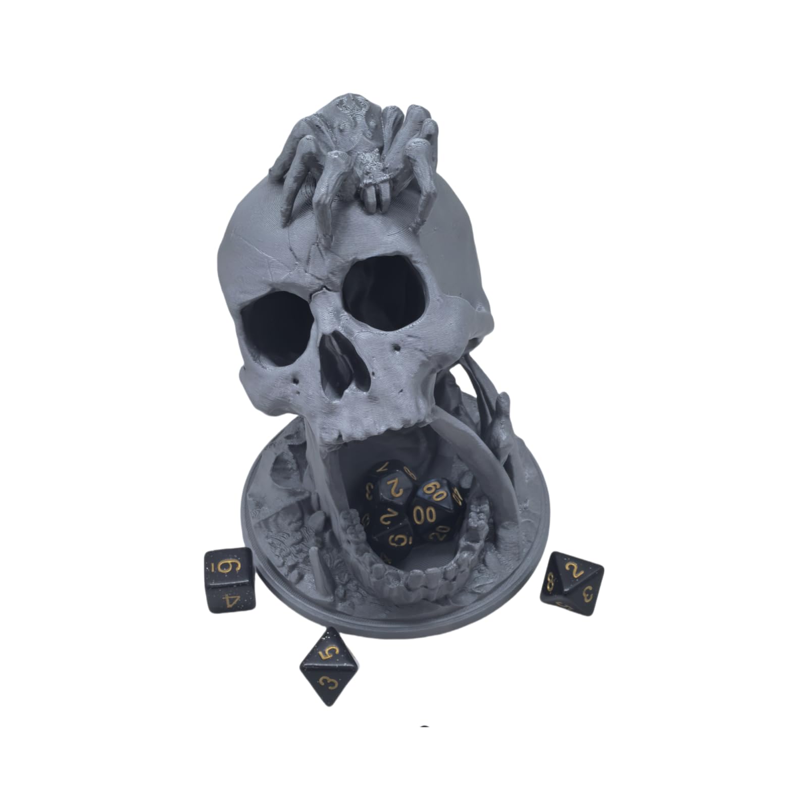 Skull Dice Tower for D&D RPG with Random 7-Piece D20 Dice Set – Silver Plastic 3D Printed