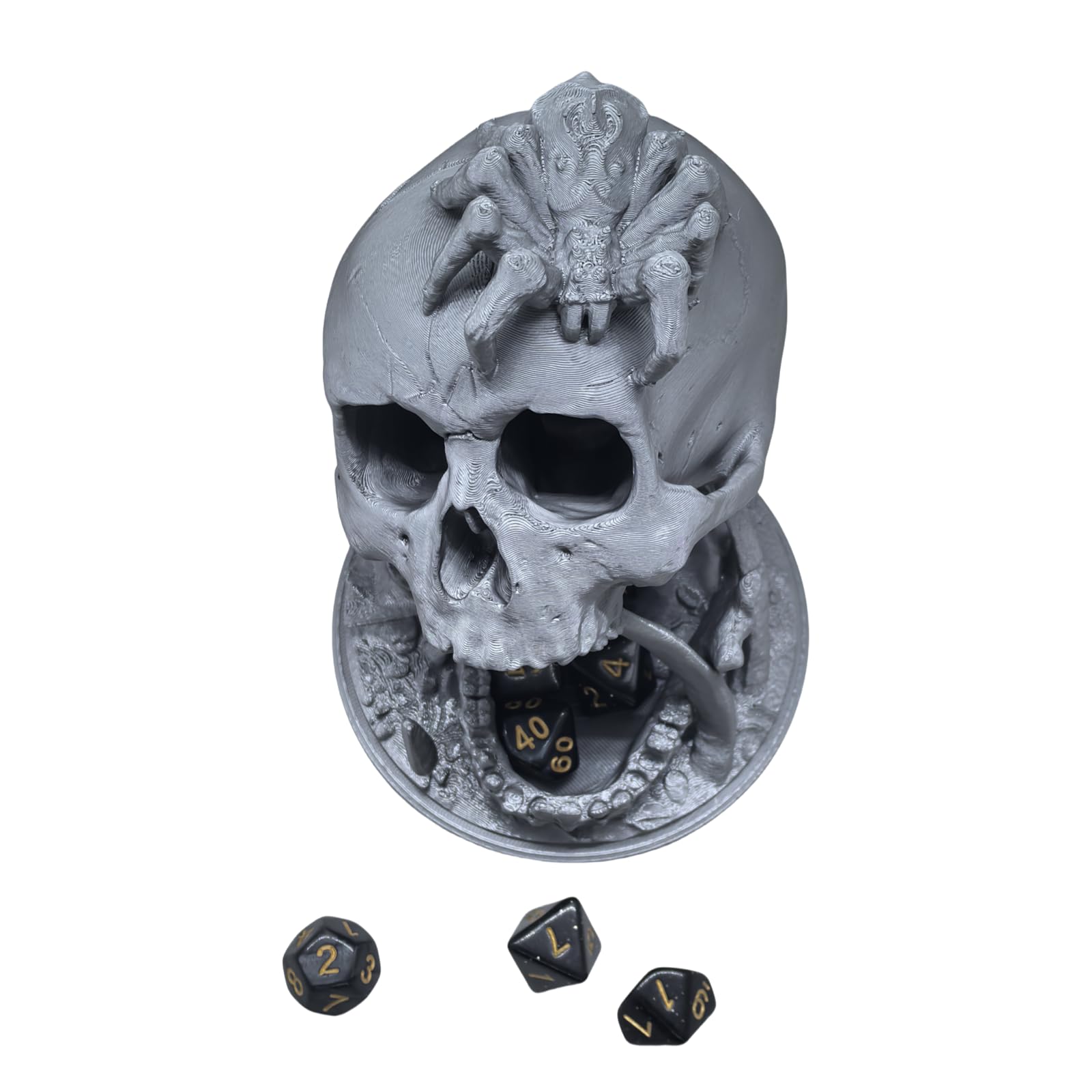 Skull Dice Tower for D&D RPG with Random 7-Piece D20 Dice Set – Silver Plastic 3D Printed