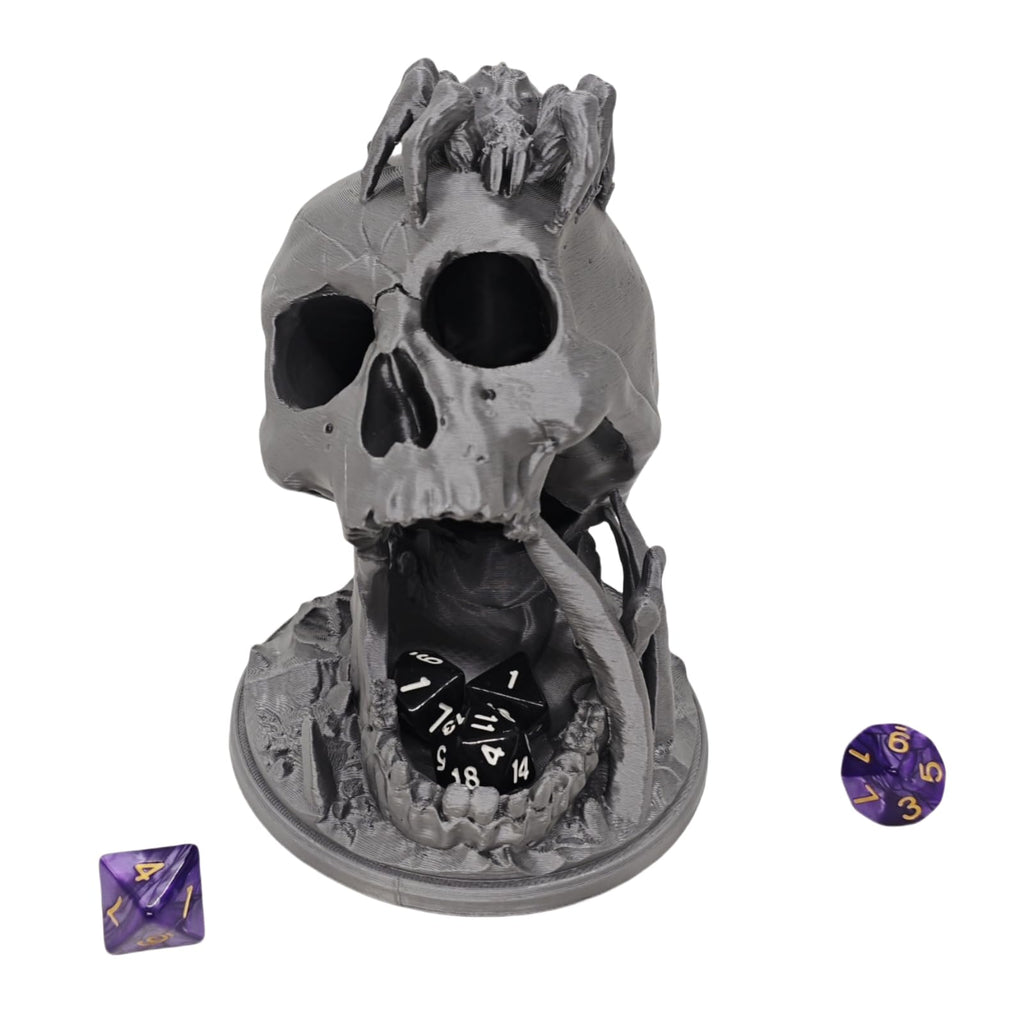 Skull Dice Tower for D&D RPG with Random 7-Piece D20 Dice Set – Silver Plastic 3D Printed