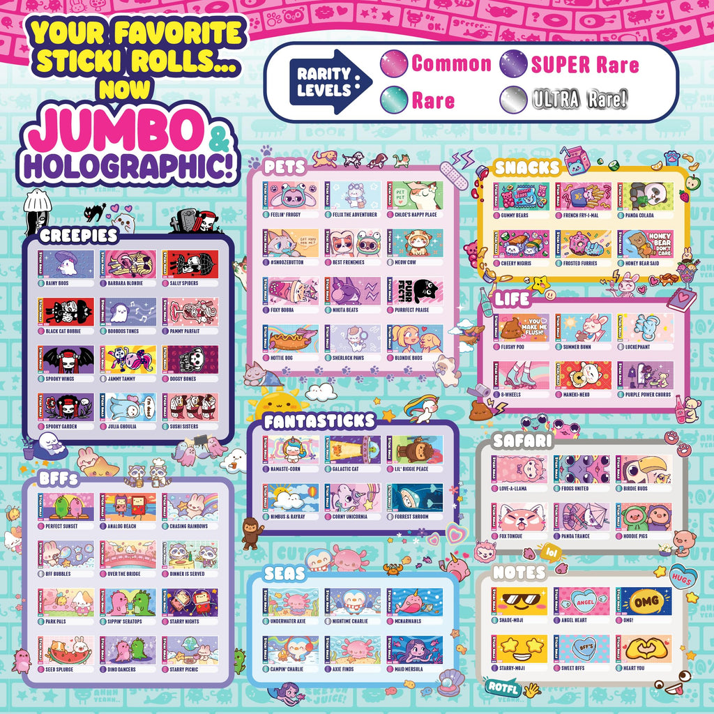 Sky Castle Sticki Rolls Jumbo Stickies 6-Pack Capsule – Reusable Foil Stickers for Walls, Mirrors & More (Creepies 1)
