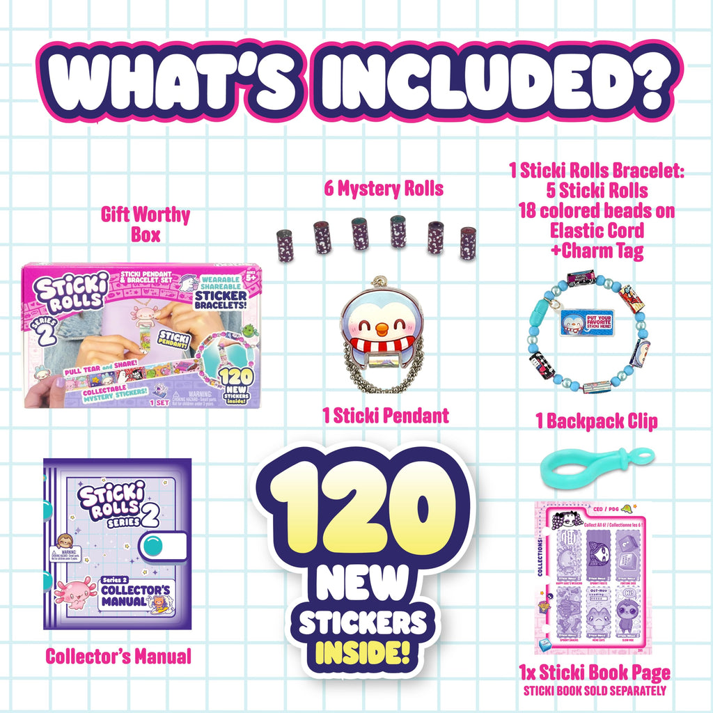 Sky Castle Sticki Rolls Pendant Pack – Series 2 Chillin Charlie: 120 Wearable Kawaii Stickers with Bracelet & Pendant