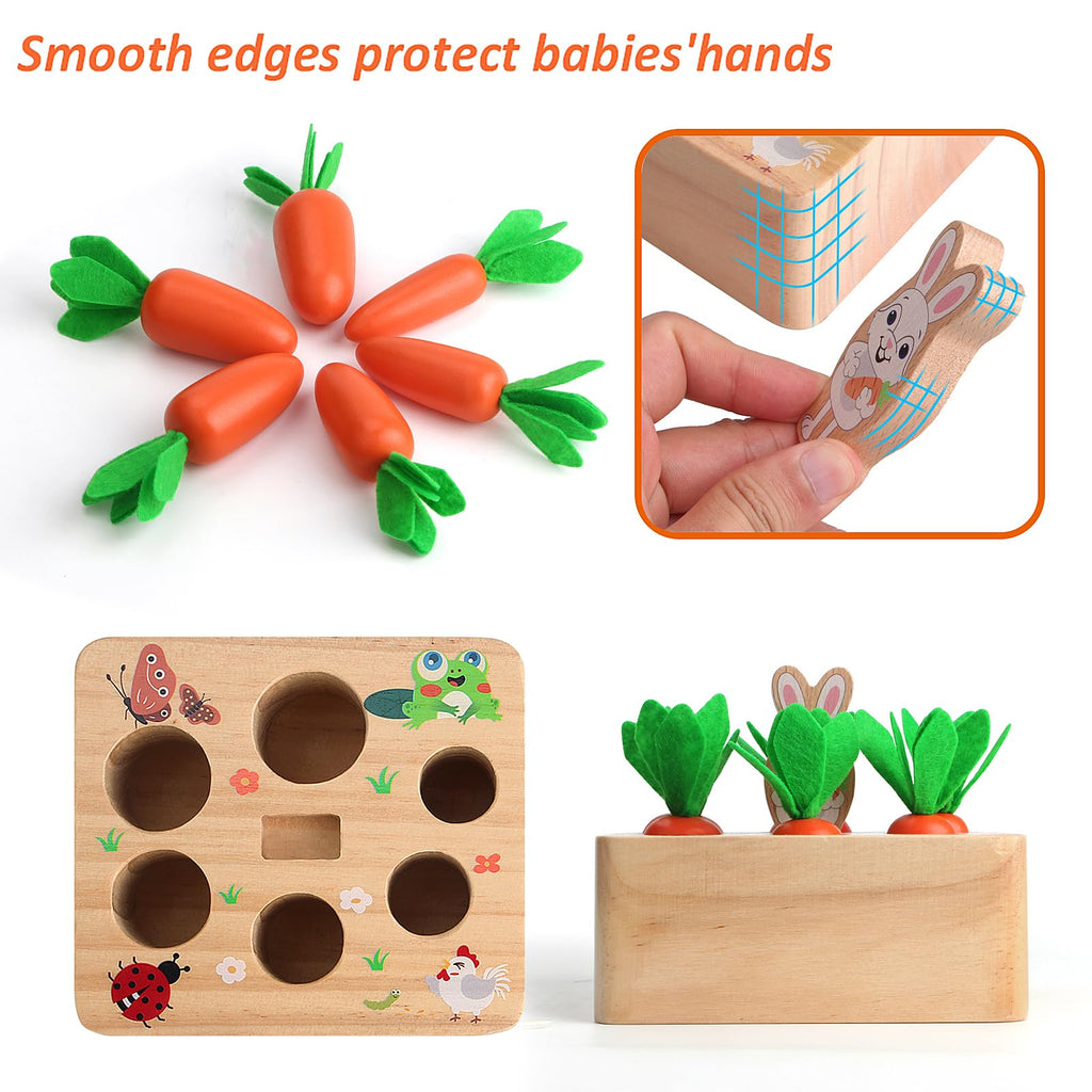SKYFIELD Carrot Harvest Game – Wooden Shape Sorting Puzzle for Toddlers 1-3 Years, Montessori Toy with 7 Sizes