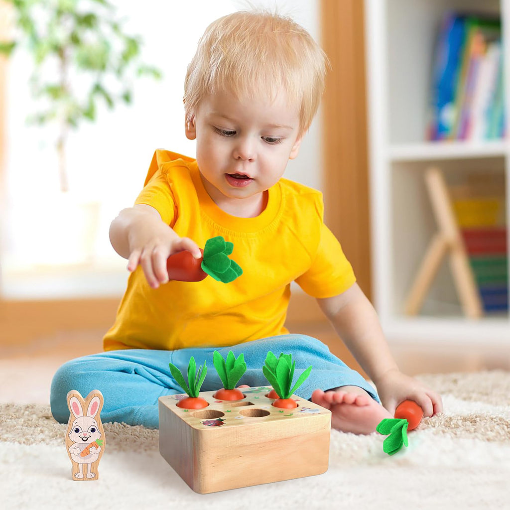 SKYFIELD Carrot Harvest Game – Wooden Shape Sorting Puzzle for Toddlers 1-3 Years, Montessori Toy with 7 Sizes