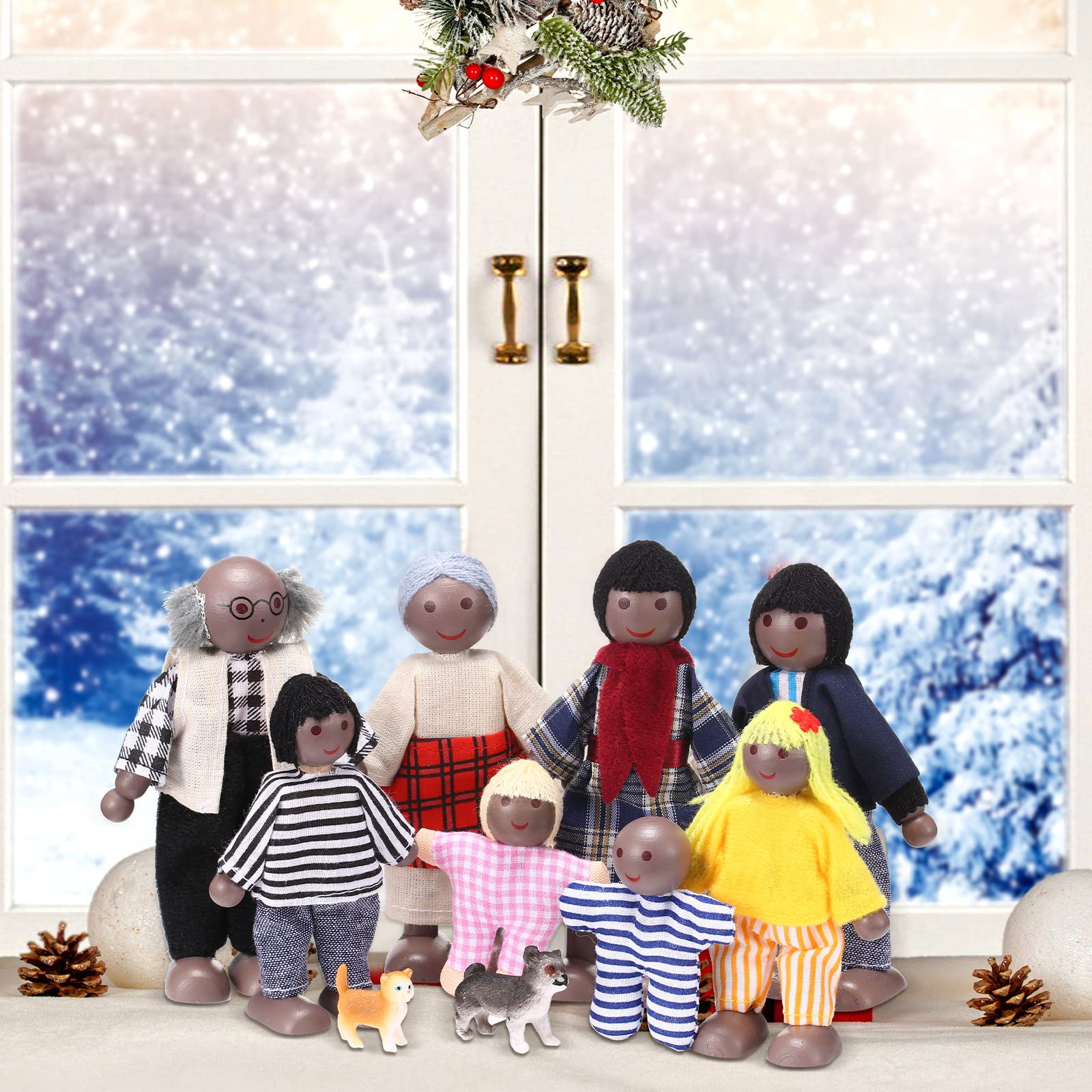 Skylety 10-Piece Wooden Dollhouse Family Set with Movable Limbs