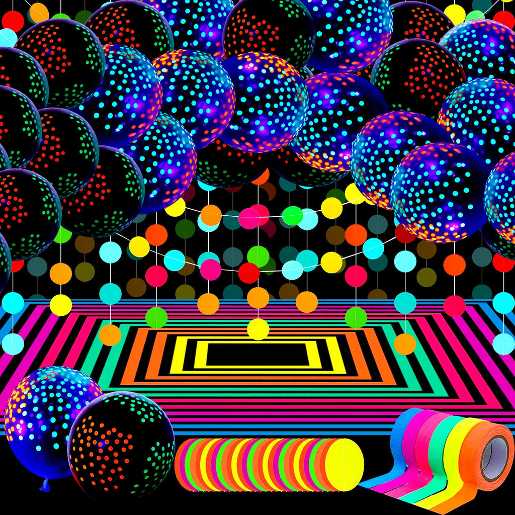 Skylety 32-Piece Glow in the Dark Party Supplies Set with Neon Balloons, UV Tape, and Pre-Assembled Wreath for Blacklight Parties