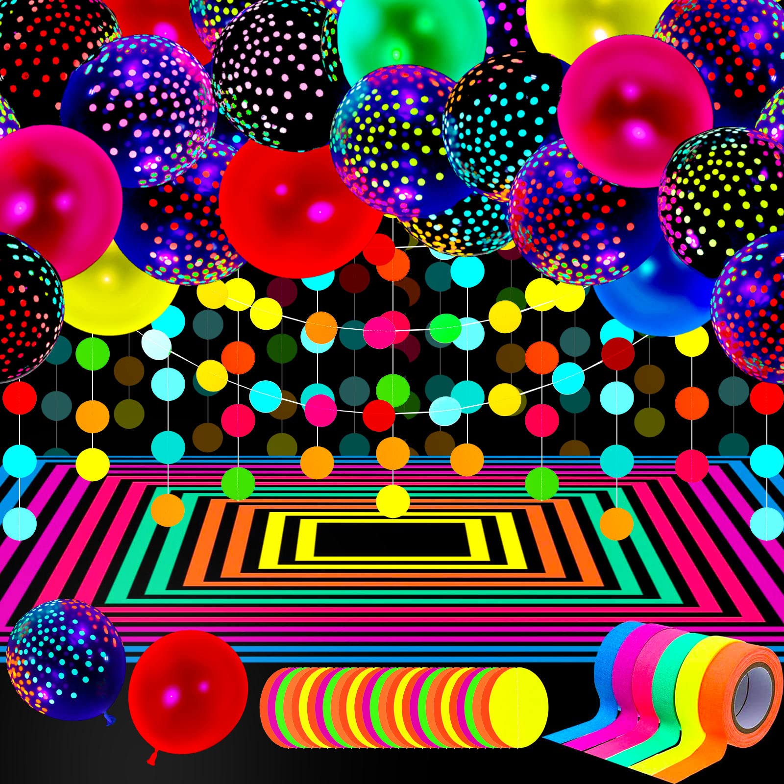 Skylety 32-Piece Glow in the Dark Party Supplies with Balloons, Tape, and Streamer Garland - Neon Party Favors for Blacklight Events