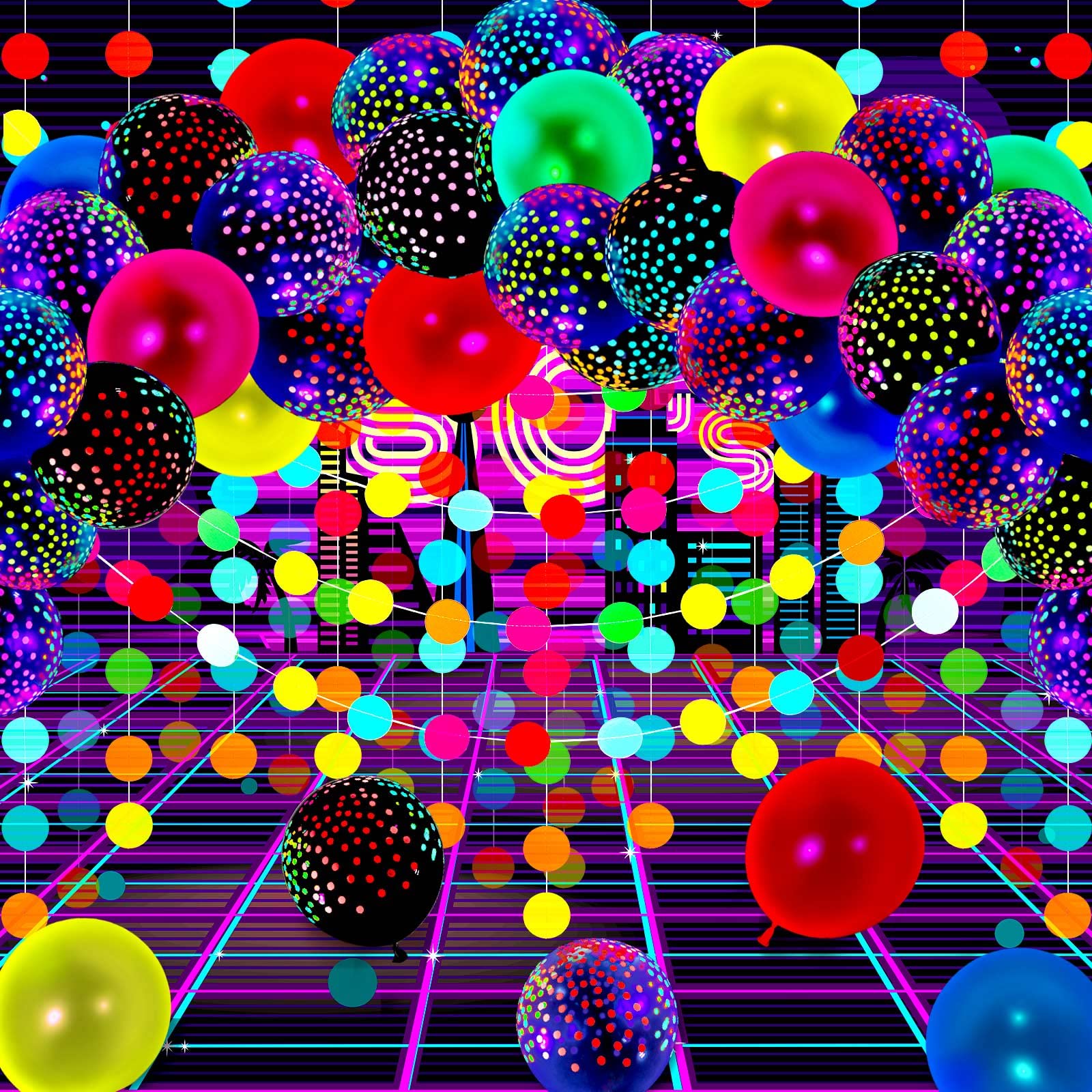Skylety 32-Piece Glow in the Dark Party Supplies with Balloons, Tape, and Streamer Garland - Neon Party Favors for Blacklight Events