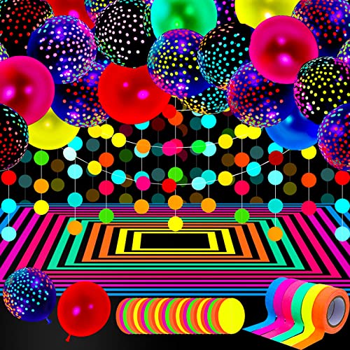 Skylety 32-Piece Glow in the Dark Party Supplies with Balloons, Tape, and Streamer Garland - Neon Party Favors for Blacklight Events