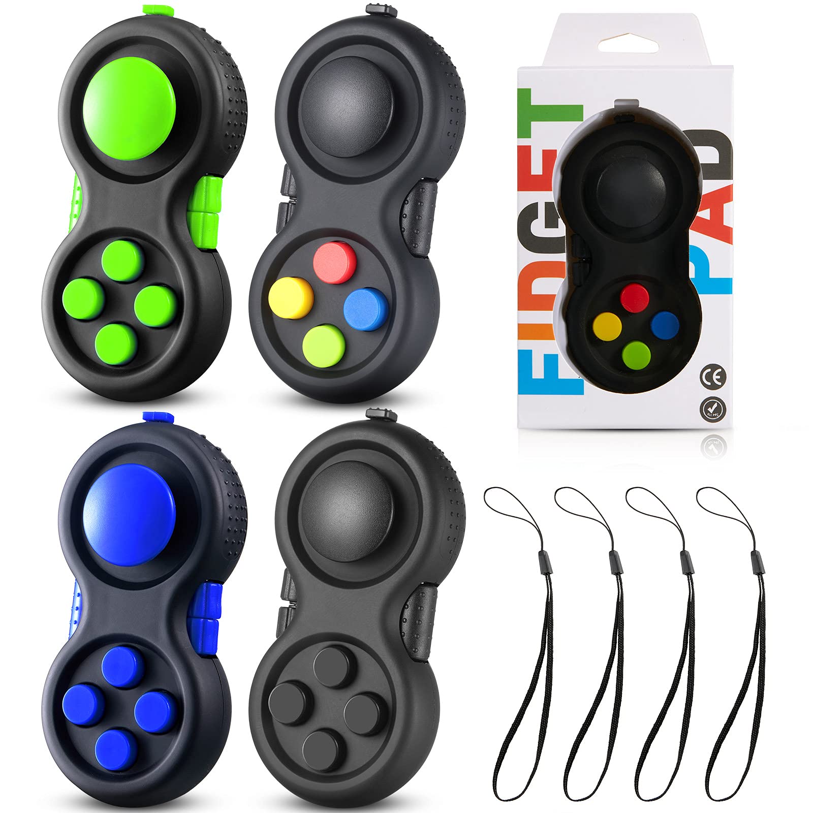 Skylety 4-Piece Cam Fidget Pad Controller – 8 Fun Features, Keychain Sensory Toy for Stress Relief (Assorted Colors)