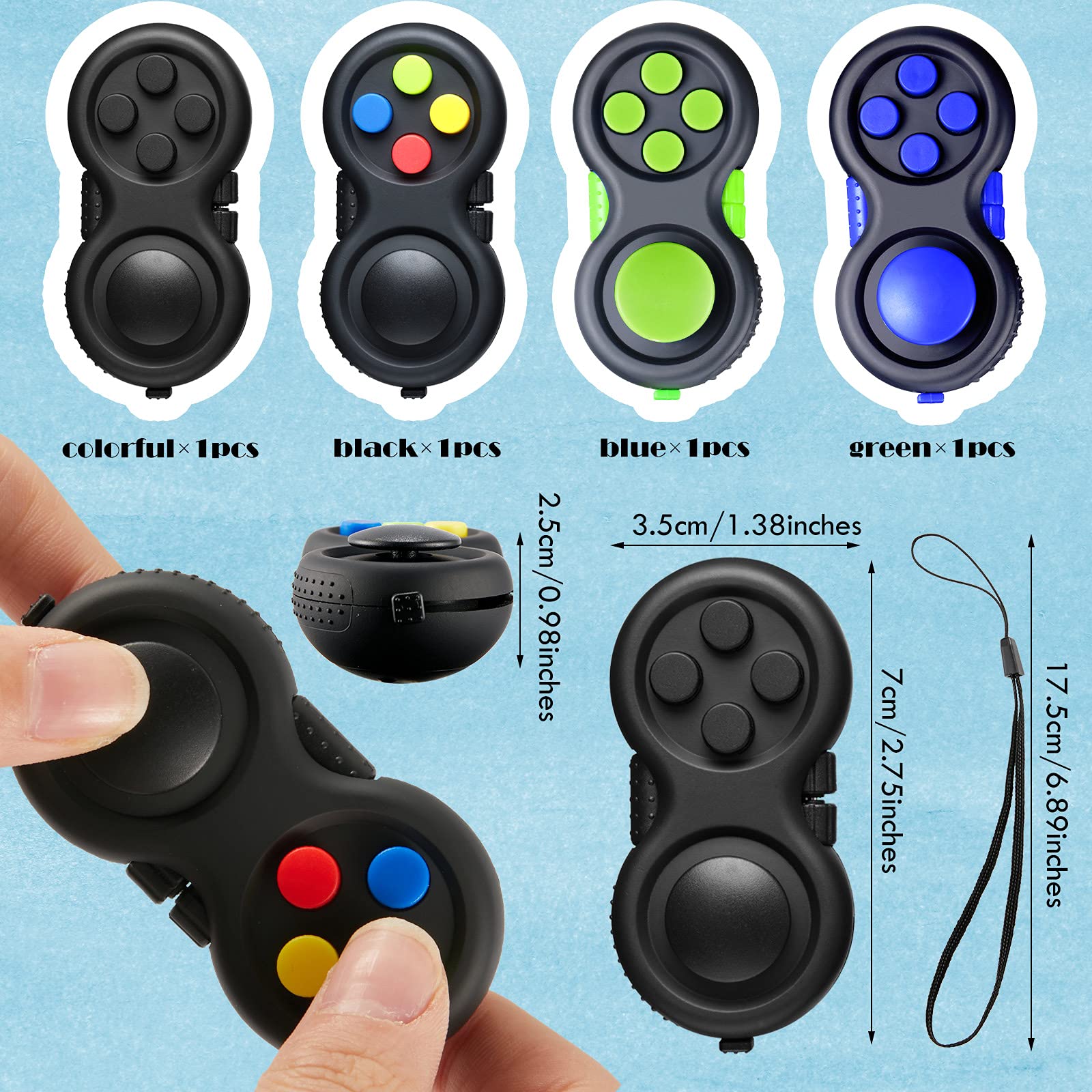 Skylety 4-Piece Cam Fidget Pad Controller – 8 Fun Features, Keychain Sensory Toy for Stress Relief (Assorted Colors)
