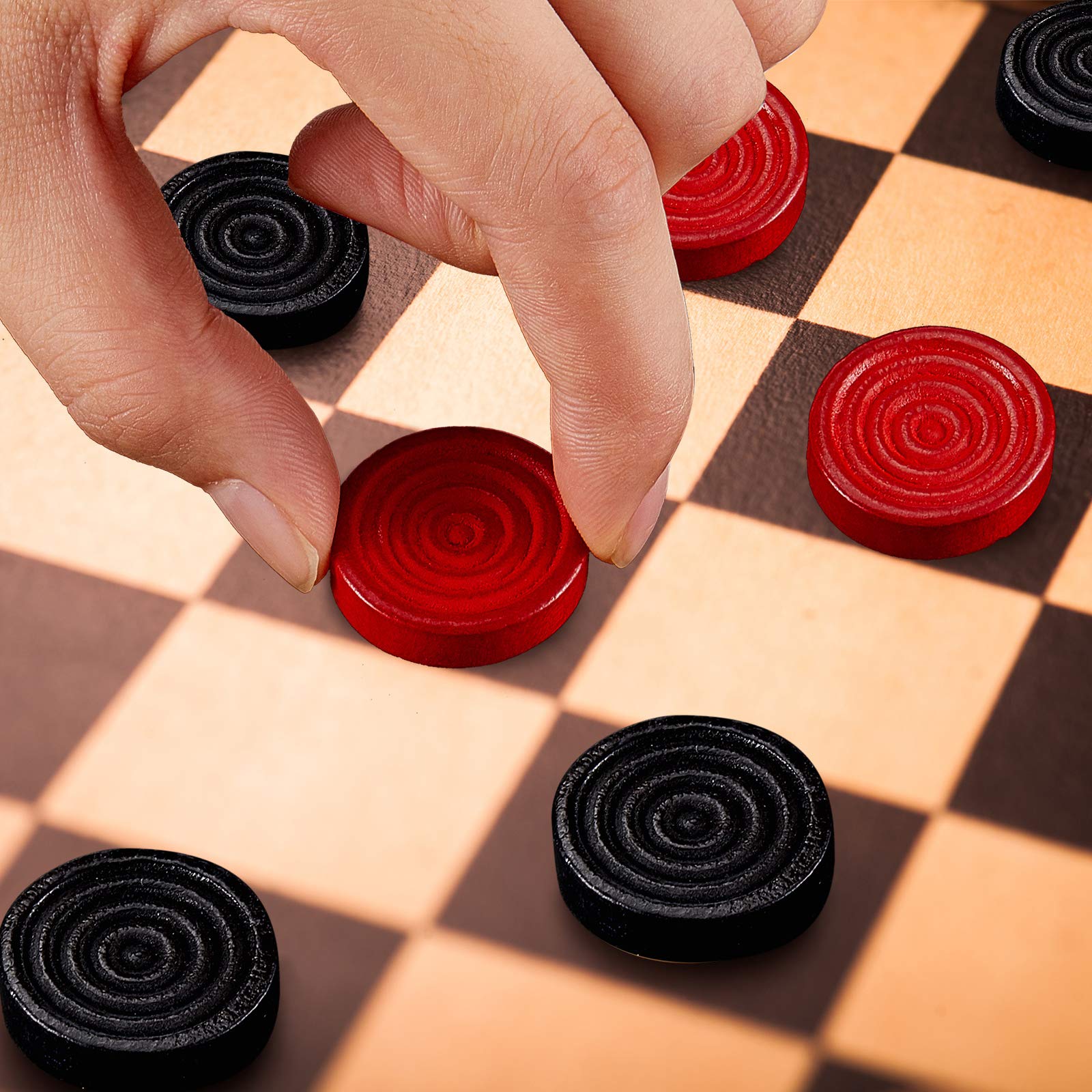 Skylety 72 Wooden Checkers Pieces 1.06" Stackable Ridge Design with Drawstring Pouch for Checkers and Backgammon (Red & Black)