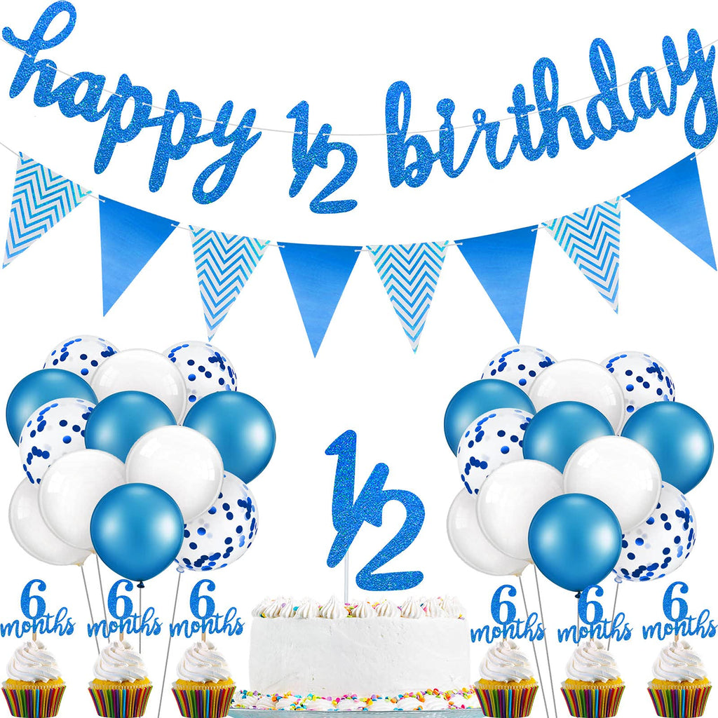 Skylety Dark Blue Half Birthday Decorations Set – Banner, Cupcake Toppers & Balloons for Baby's 6-Month Party
