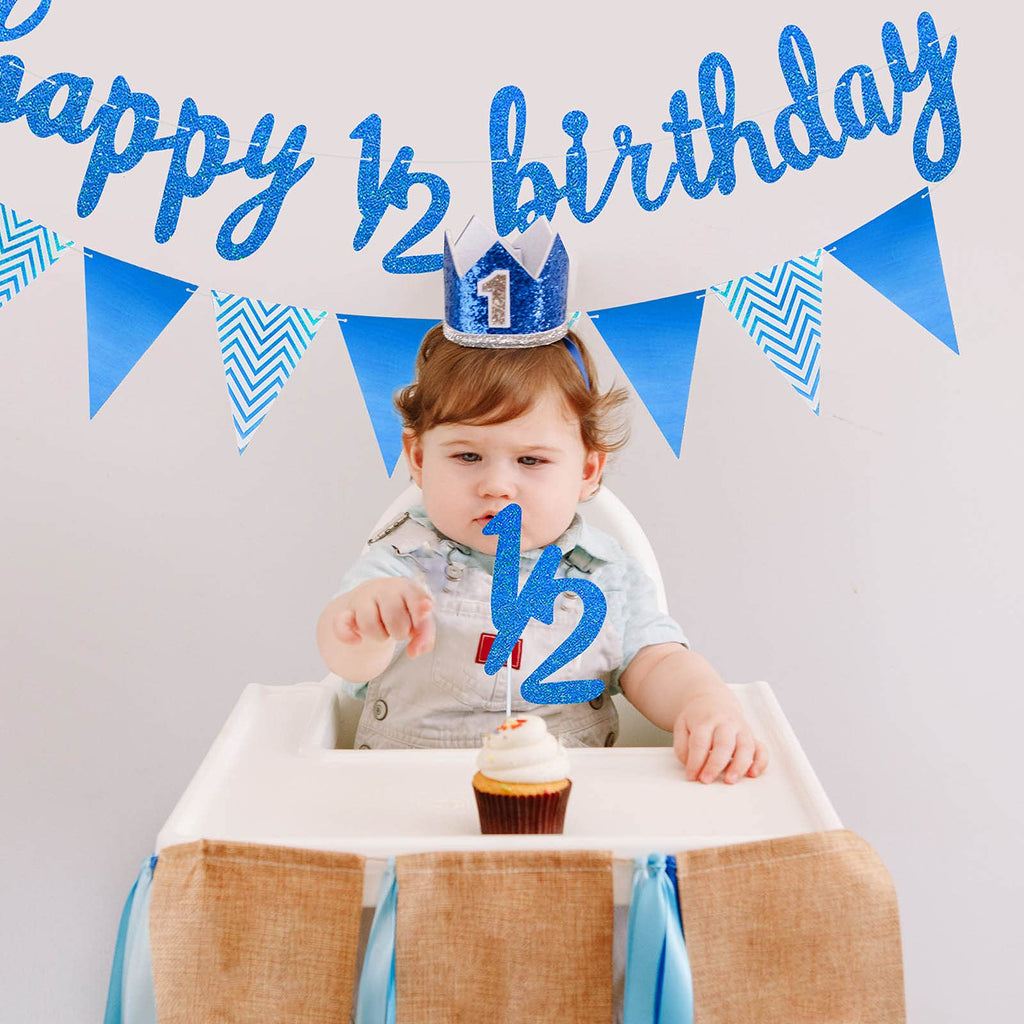 Skylety Dark Blue Half Birthday Decorations Set – Banner, Cupcake Toppers & Balloons for Baby's 6-Month Party