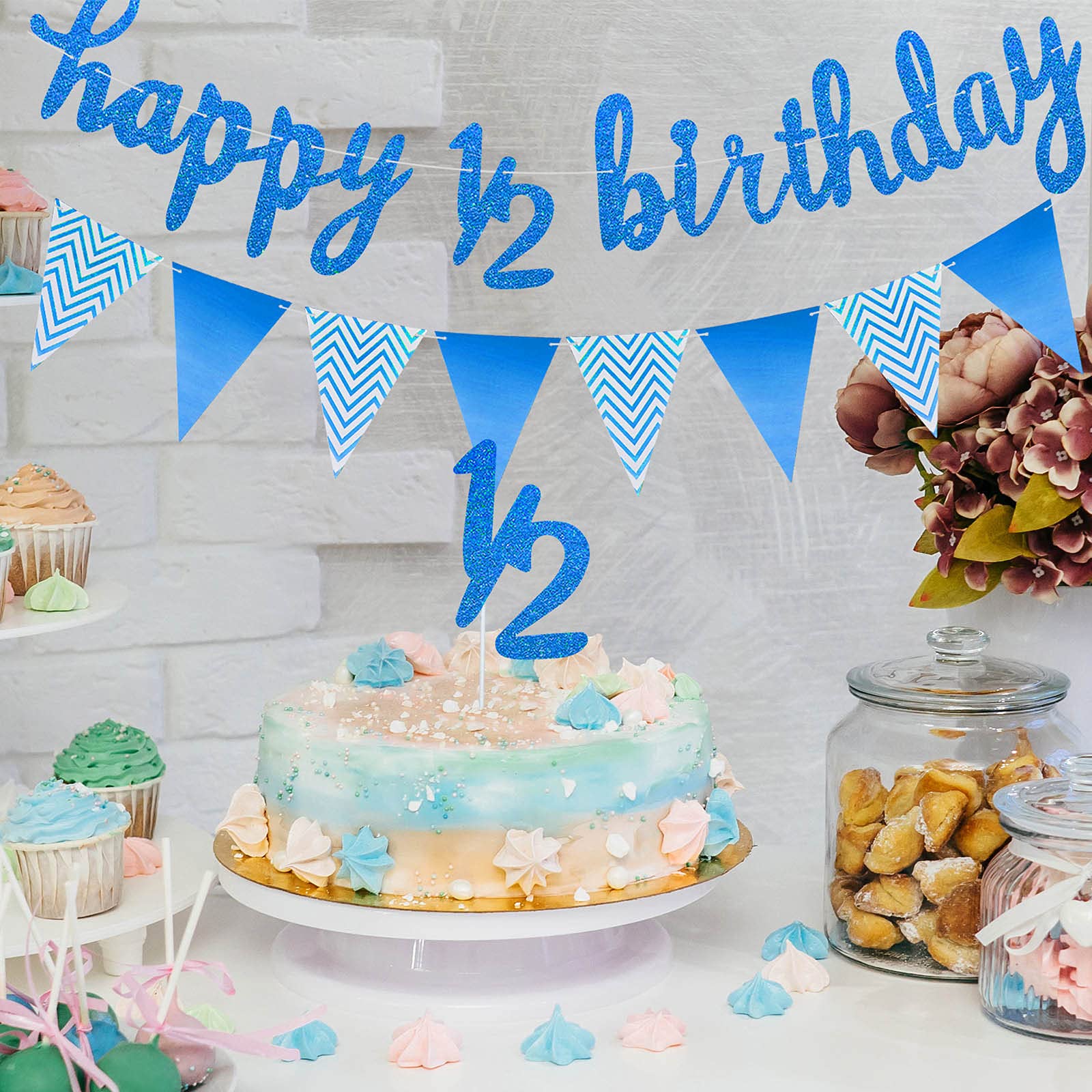Skylety Dark Blue Half Birthday Decorations Set – Banner, Cupcake Toppers & Balloons for Baby's 6-Month Party