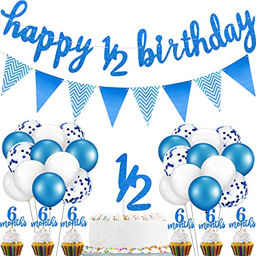 Skylety Dark Blue Half Birthday Decorations Set – Banner, Cupcake Toppers & Balloons for Baby's 6-Month Party