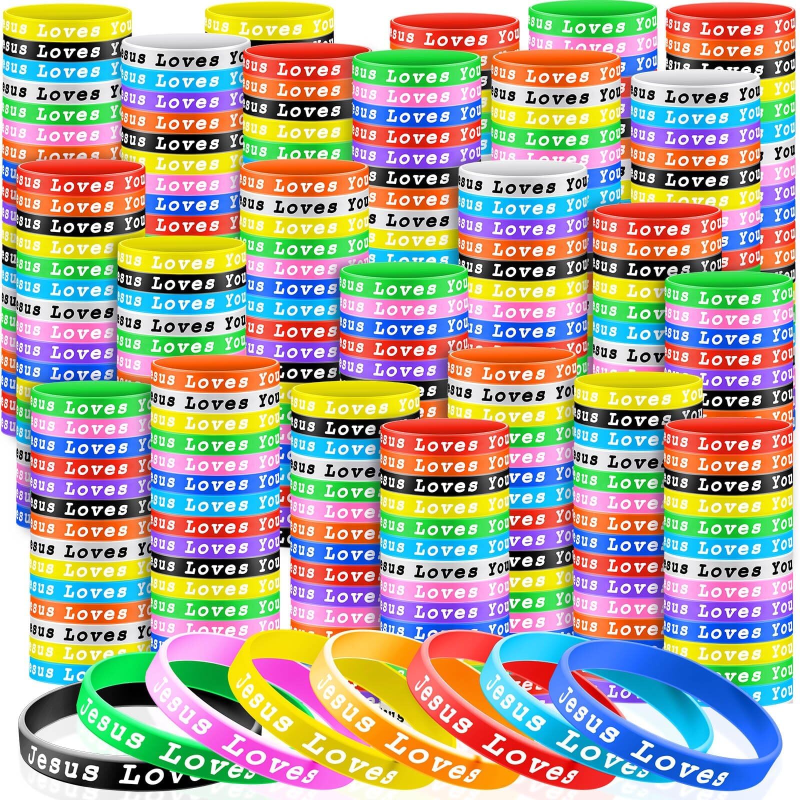 Skylety Jesus Loves You Silicone Bracelets - 50 Pack, 10 Colors, Christian Rubber Wristbands for Kids and Adults