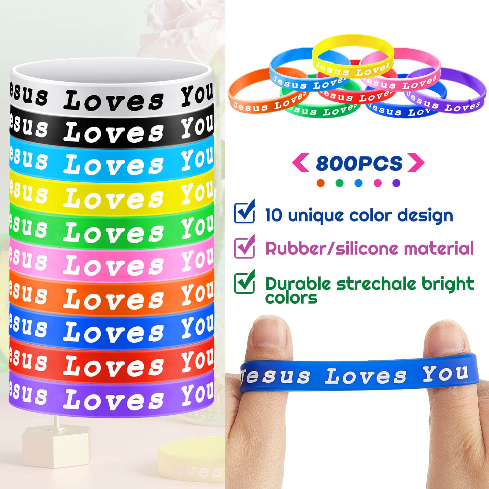 Skylety Jesus Loves You Silicone Bracelets - 50 Pack, 10 Colors, Christian Rubber Wristbands for Kids and Adults