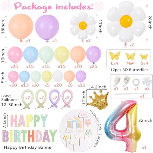 Slmeno 219-Piece Pastel Rainbow Balloon Garland Kit for 4th Birthday Girl - Includes Number 4 Balloon, Banner, Cake Toppers, 3D Butterflies & More