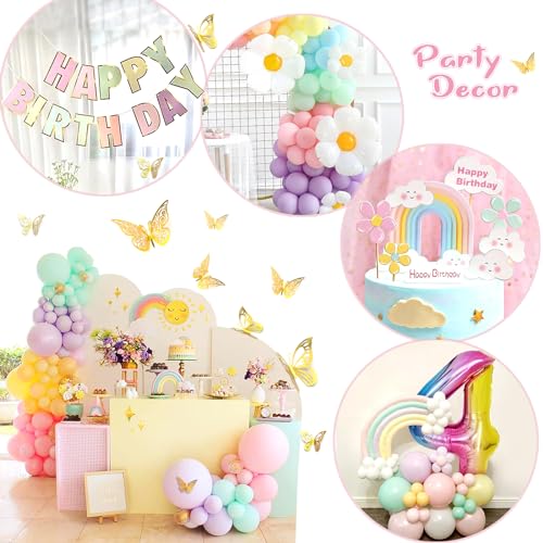 Slmeno 219-Piece Pastel Rainbow Balloon Garland Kit for 4th Birthday Girl - Includes Number 4 Balloon, Banner, Cake Toppers, 3D Butterflies & More