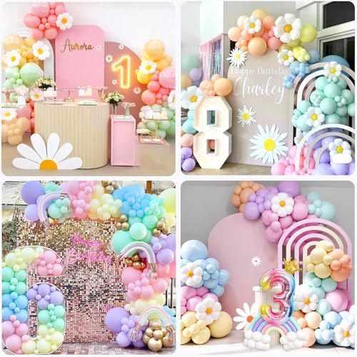 Slmeno 219-Piece Pastel Rainbow Balloon Garland Kit for 4th Birthday Girl - Includes Number 4 Balloon, Banner, Cake Toppers, 3D Butterflies & More