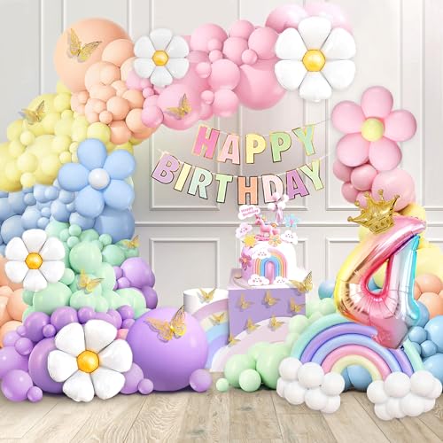 Slmeno 219-Piece Pastel Rainbow Balloon Garland Kit for 4th Birthday Girl - Includes Number 4 Balloon, Banner, Cake Toppers, 3D Butterflies & More