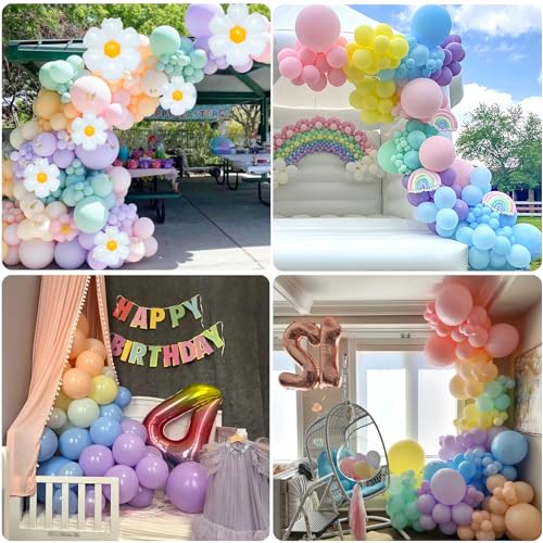 Slmeno 219-Piece Pastel Rainbow Balloon Garland Kit for 4th Birthday Girl - Includes Number 4 Balloon, Banner, Cake Toppers, 3D Butterflies & More