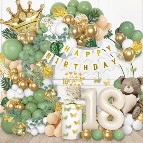 Slmeno Sage Green 18th Birthday Decoration Kit - Balloon Arch, 3D Butterflies, Cake Toppers & More