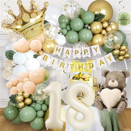 Slmeno Sage Green 18th Birthday Decoration Kit - Balloon Arch, 3D Butterflies, Cake Toppers & More