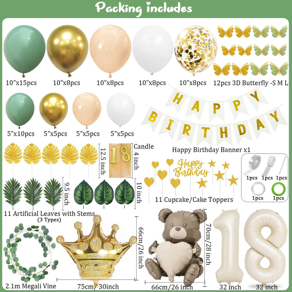 Slmeno Sage Green 18th Birthday Decoration Kit - Balloon Arch, 3D Butterflies, Cake Toppers & More