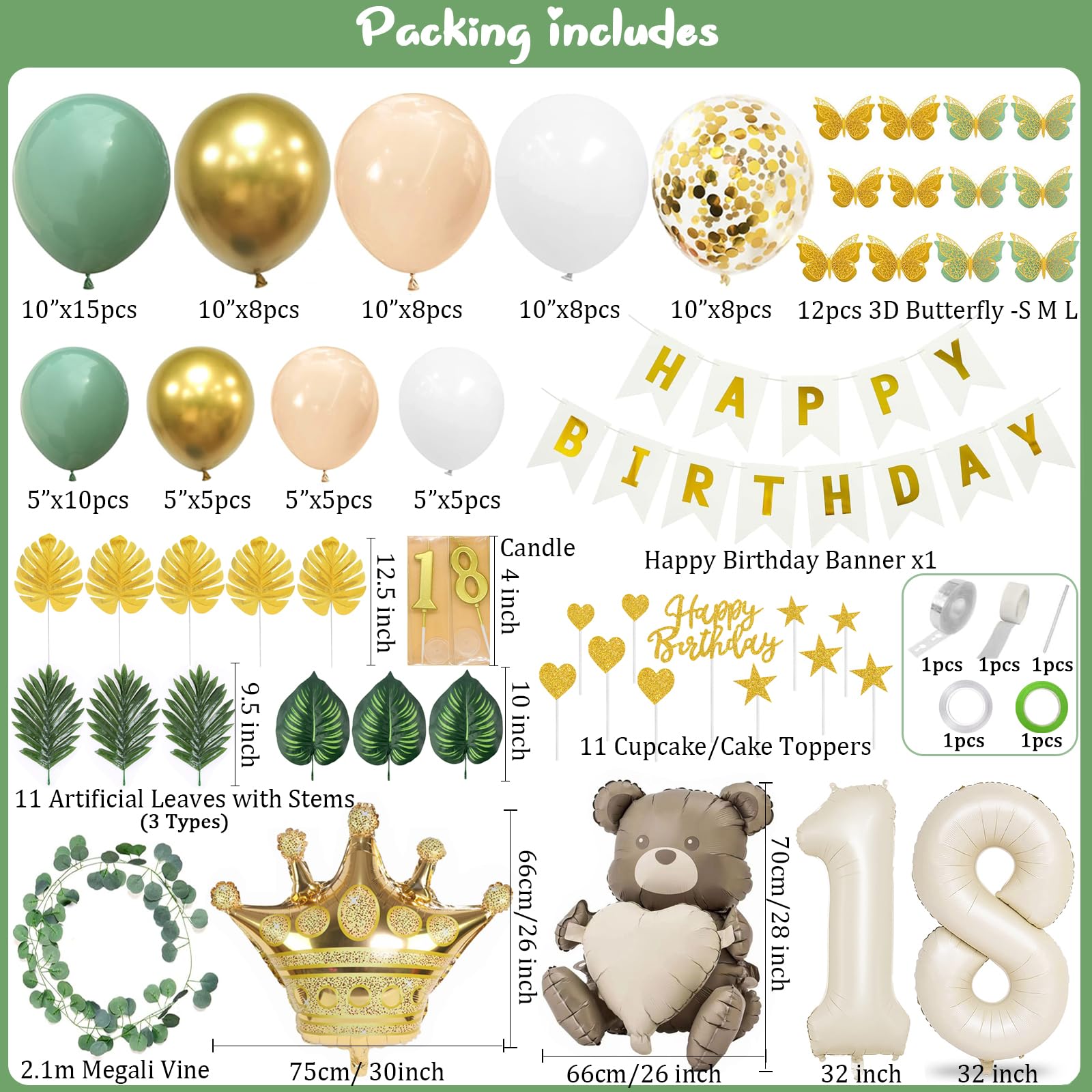 Slmeno Sage Green 18th Birthday Decoration Kit - Balloon Arch, 3D Butterflies, Cake Toppers & More