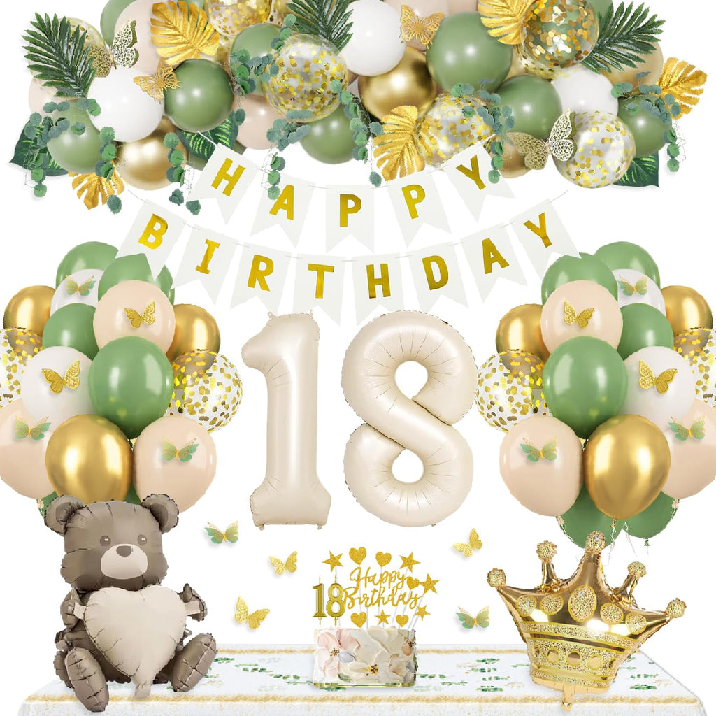 Slmeno Sage Green 18th Birthday Decoration Kit - Balloon Arch, 3D Butterflies, Cake Toppers & More