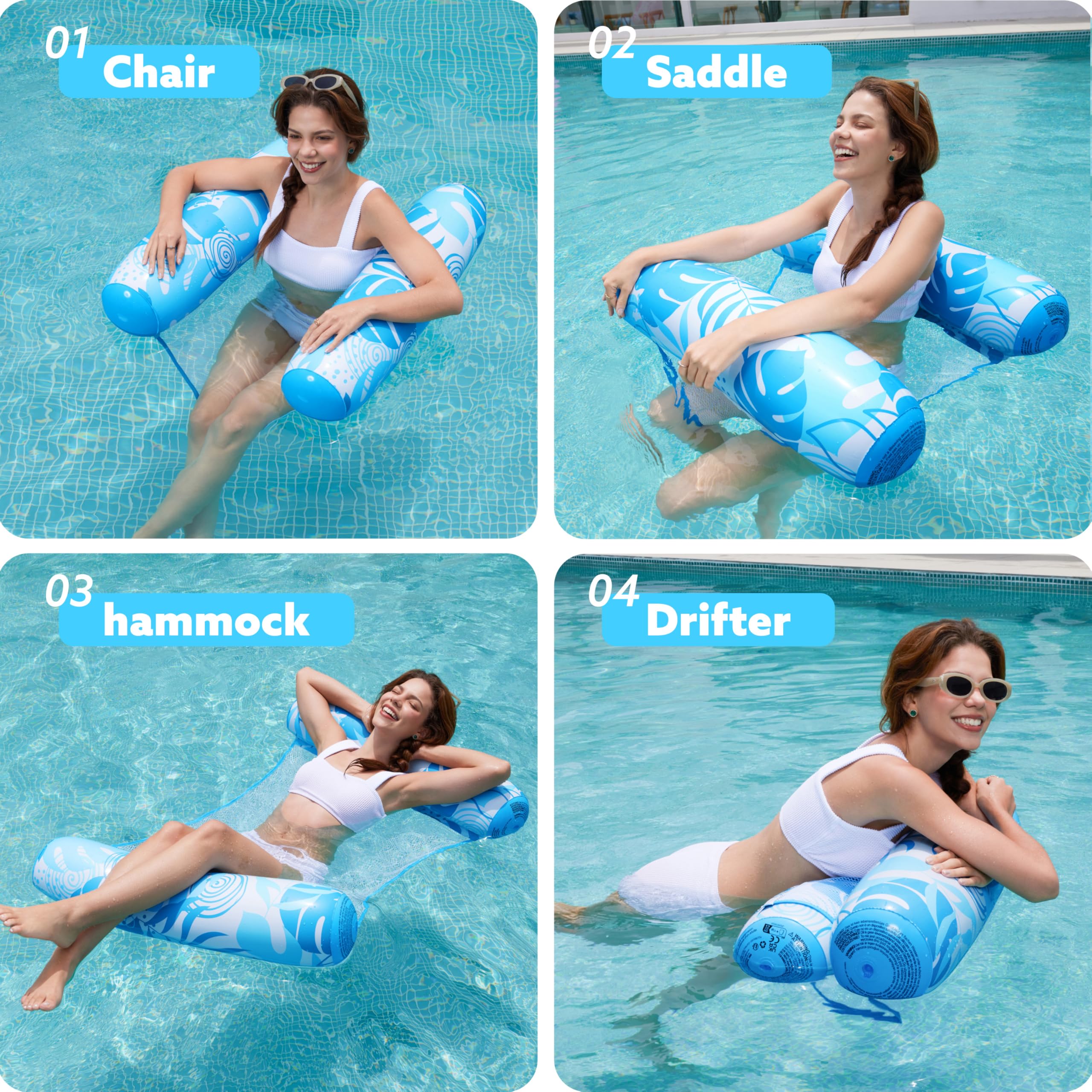 Sloosh 4-in-1 Inflatable Pool Hammock Float for Adults – Mesh Seat, Buoyant Pillows, 48x31.5 Inches (Blue)