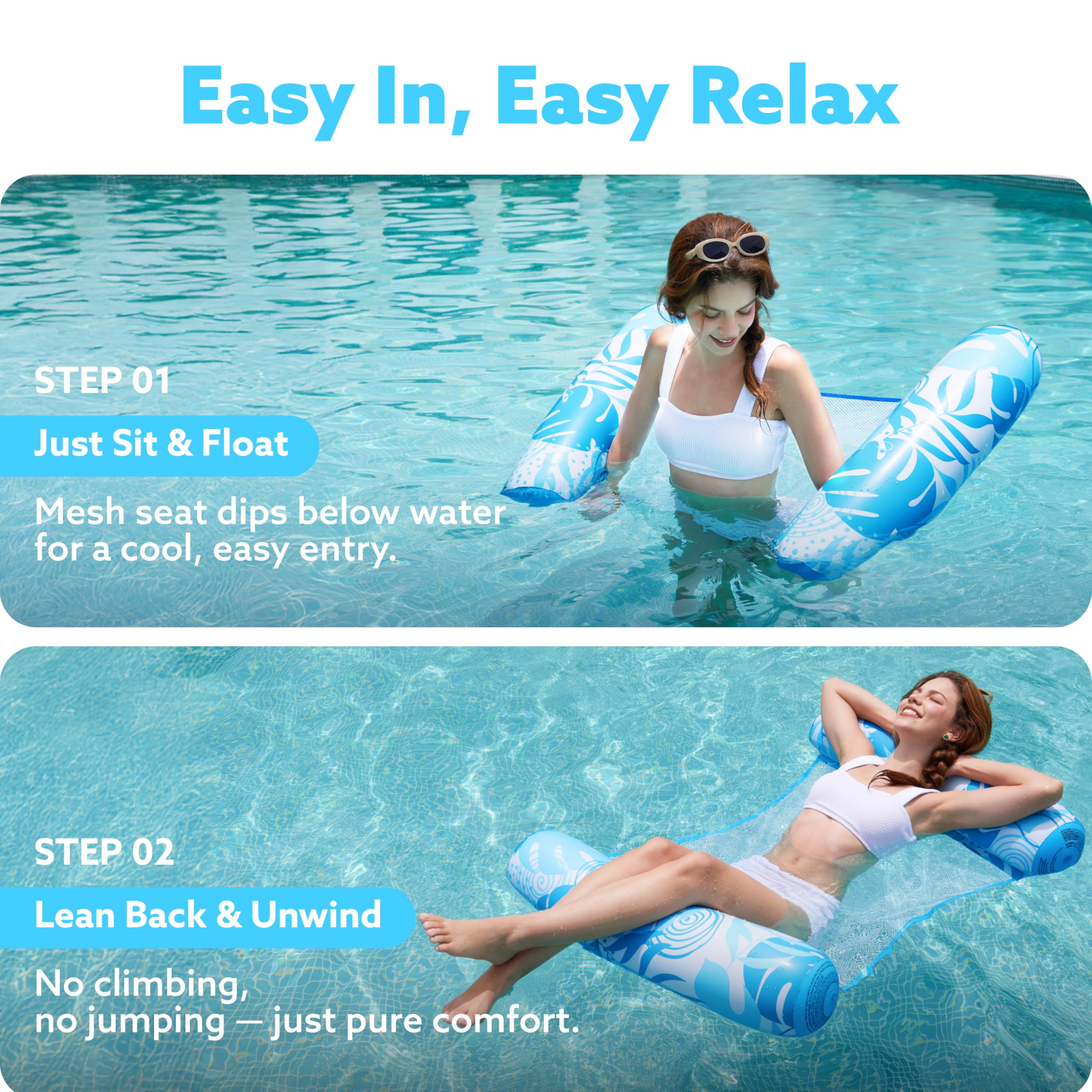 Sloosh 4-in-1 Inflatable Pool Hammock Float for Adults – Mesh Seat, Buoyant Pillows, 48x31.5 Inches (Blue)