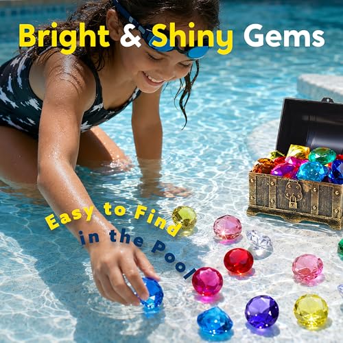 Sloosh Diving Gems Pool Toys - 16 Acrylic Diamond Gemstones with Pirate Treasure Chest - Underwater Dive Game for Kids