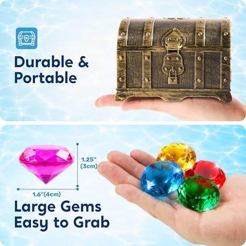 Sloosh Diving Gems Pool Toys - 16 Acrylic Diamond Gemstones with Pirate Treasure Chest - Underwater Dive Game for Kids