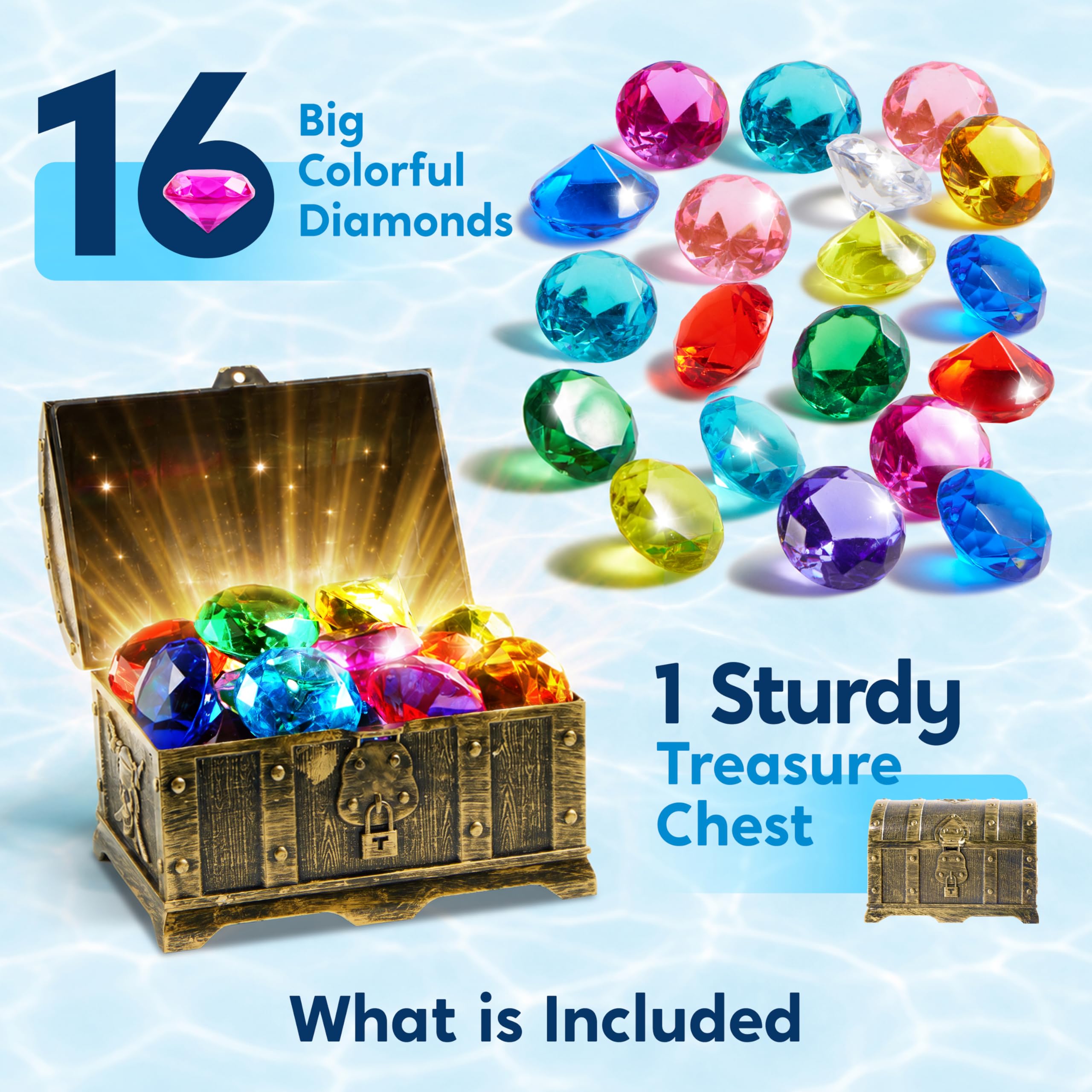 Sloosh Diving Gems Pool Toys - 16 Acrylic Diamond Gemstones with Pirate Treasure Chest - Underwater Dive Game for Kids